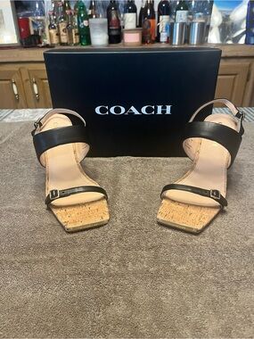 Coach Black Leather Cork Block Heel Sandals
